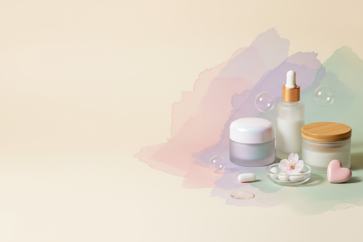 Pastellfarbenes Self-Care-Stillleben mit Kosmetikfläschchen, Cremetiegeln und kleiner Blüte.